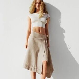 Zara Pareo Midi Wrap Skirt Khaki Cotton Sz M